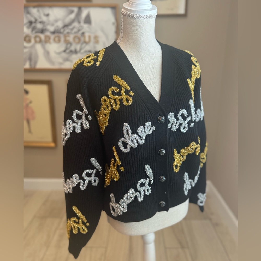 Like New! QUEEN OF SPARKLES Black and Gold Glitter Script Cheers Cardigan